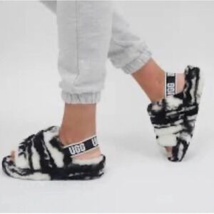 UGG Fluff Yeah Slide Marble Slipper Sandal in Black and White cozy
